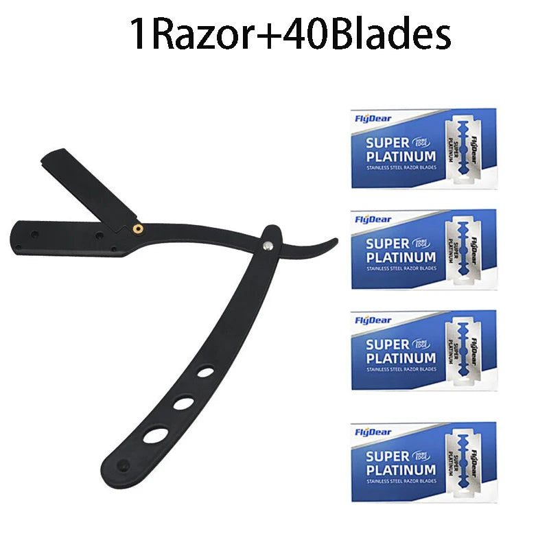 Men Shaving Barber Razor Black Classic Folding Shaving Knife Armpit Hair Pubic Hair Shaver Stainless Steel Straight Razor Holder