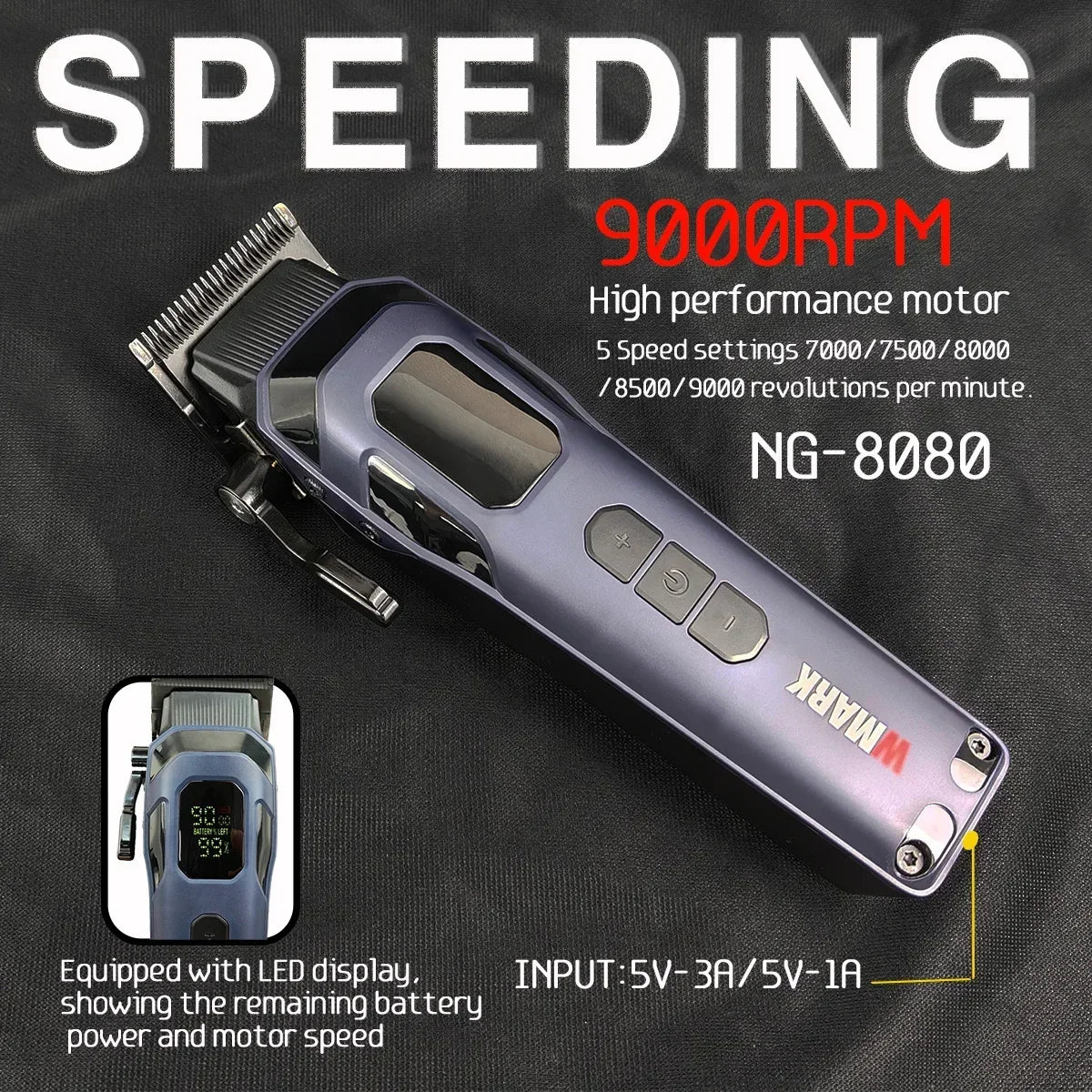 New Professional WMARK NG-8080 BK-BL1T Hair Clipper Trimmer 9000RPM 7800RPM DLC Blade LED Display Men Haircut Machine with Base