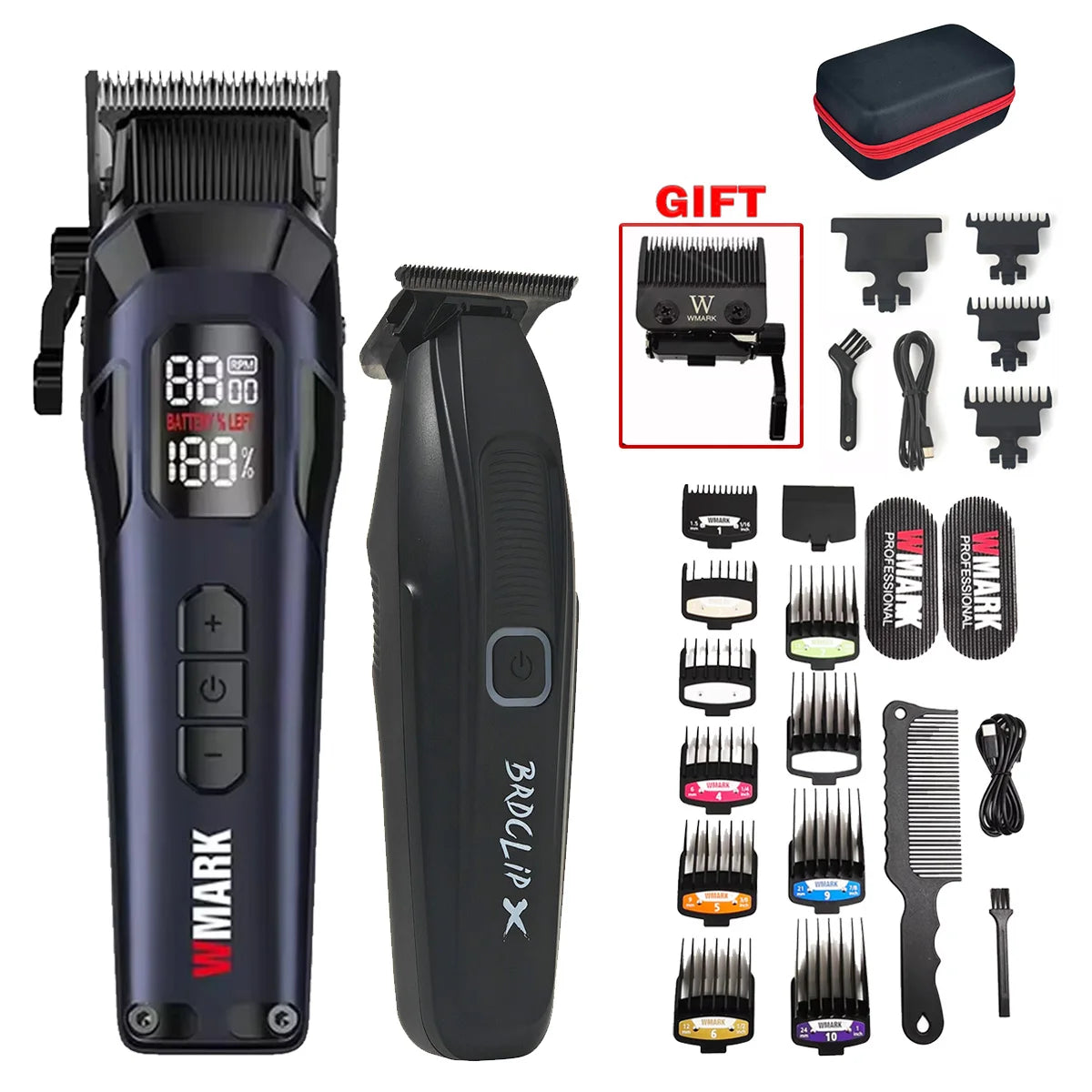 New Professional WMARK NG-8080 BK-BL1T Hair Clipper Trimmer 9000RPM 7800RPM DLC Blade LED Display Men Haircut Machine with Base