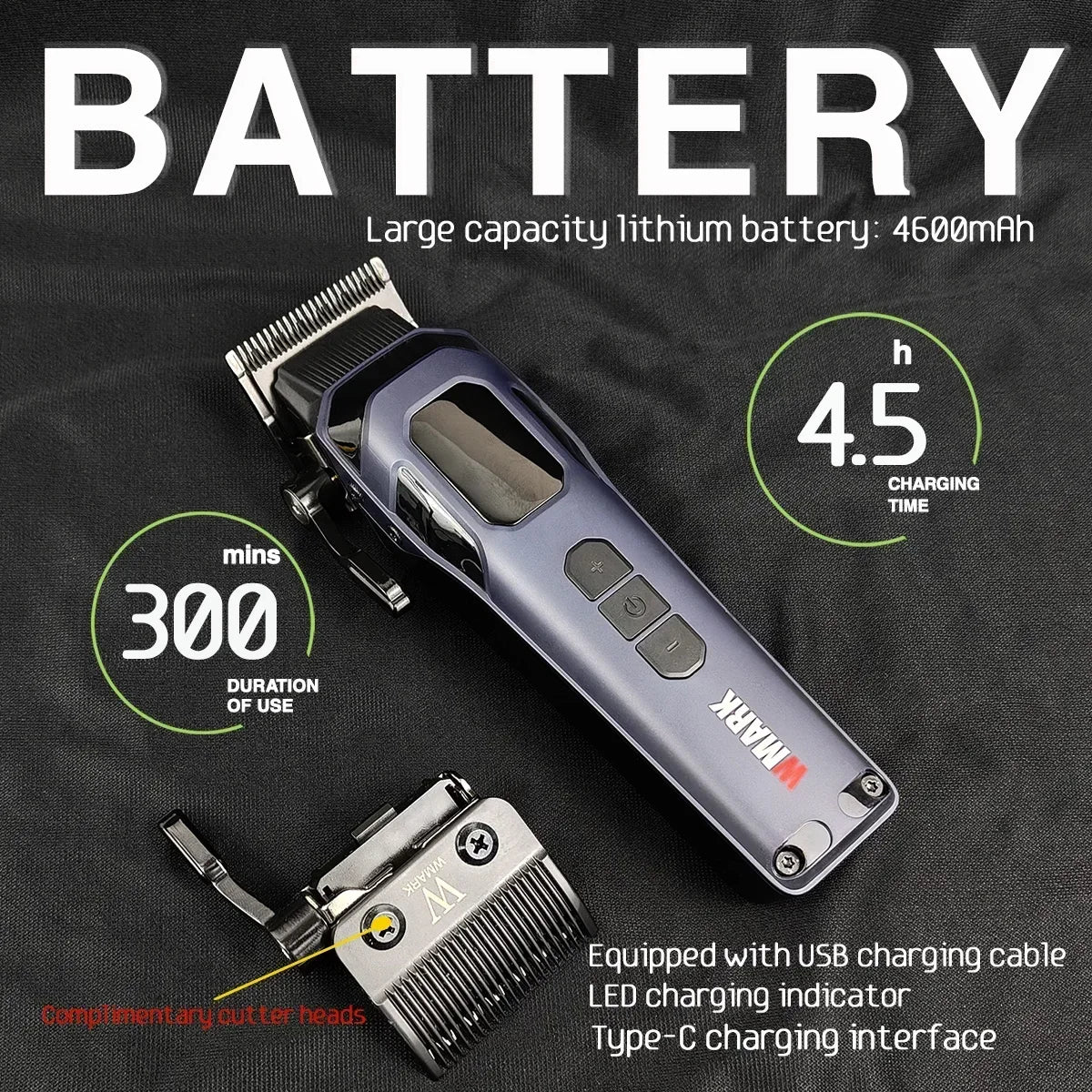 New Professional WMARK NG-8080 BK-BL1T Hair Clipper Trimmer 9000RPM 7800RPM DLC Blade LED Display Men Haircut Machine with Base