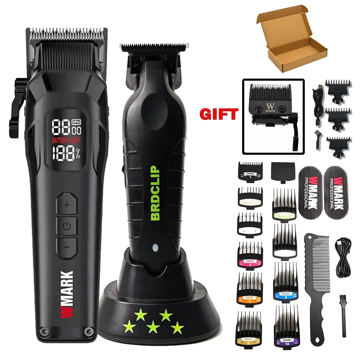 New Professional WMARK NG-8080 BK-BL1T Hair Clipper Trimmer 9000RPM 7800RPM DLC Blade LED Display Men Haircut Machine with Base
