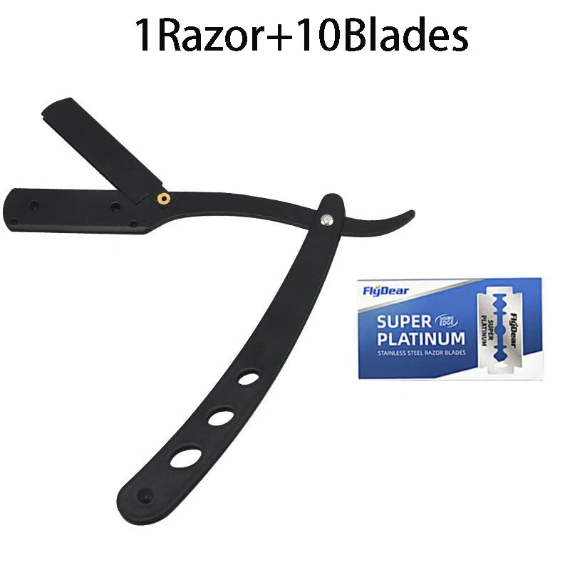 Men Shaving Barber Razor Black Classic Folding Shaving Knife Armpit Hair Pubic Hair Shaver Stainless Steel Straight Razor Holder