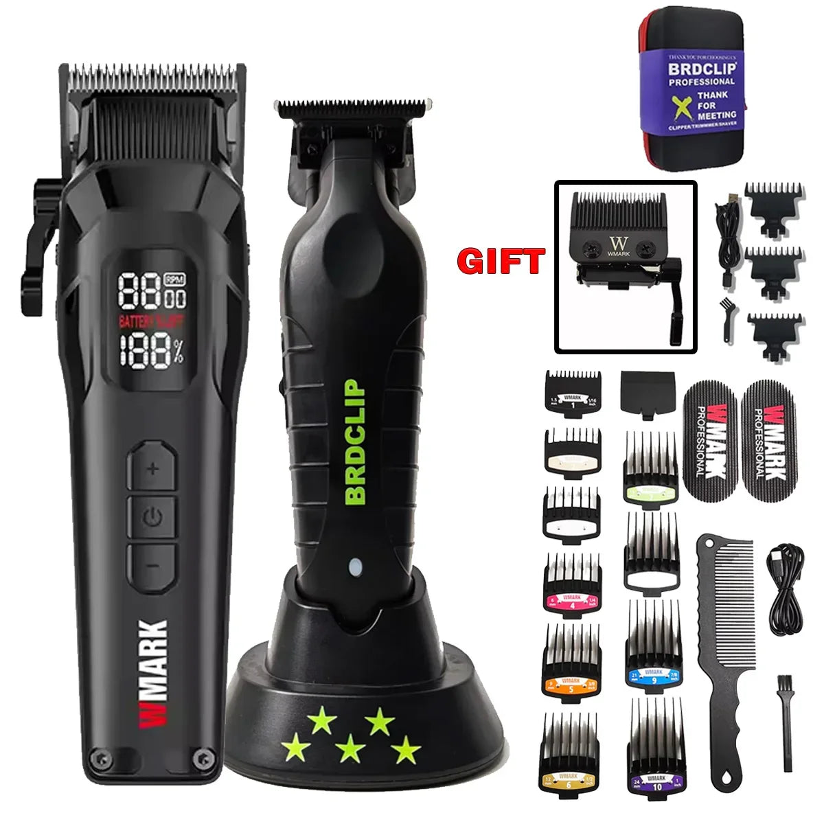 New Professional WMARK NG-8080 BK-BL1T Hair Clipper Trimmer 9000RPM 7800RPM DLC Blade LED Display Men Haircut Machine with Base