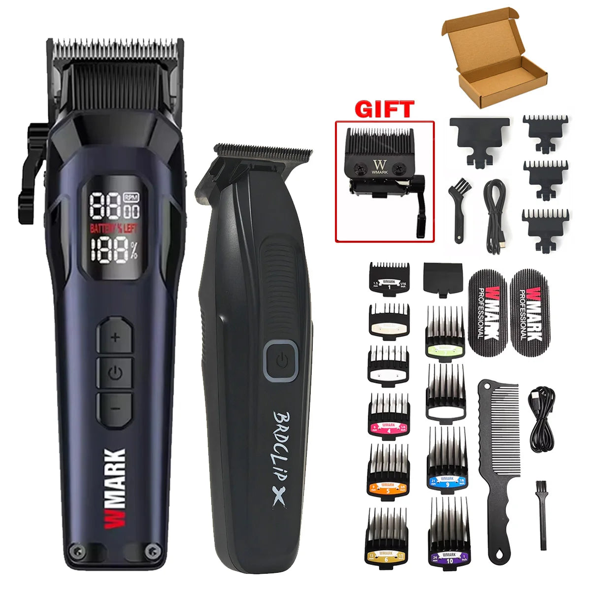 New Professional WMARK NG-8080 BK-BL1T Hair Clipper Trimmer 9000RPM 7800RPM DLC Blade LED Display Men Haircut Machine with Base